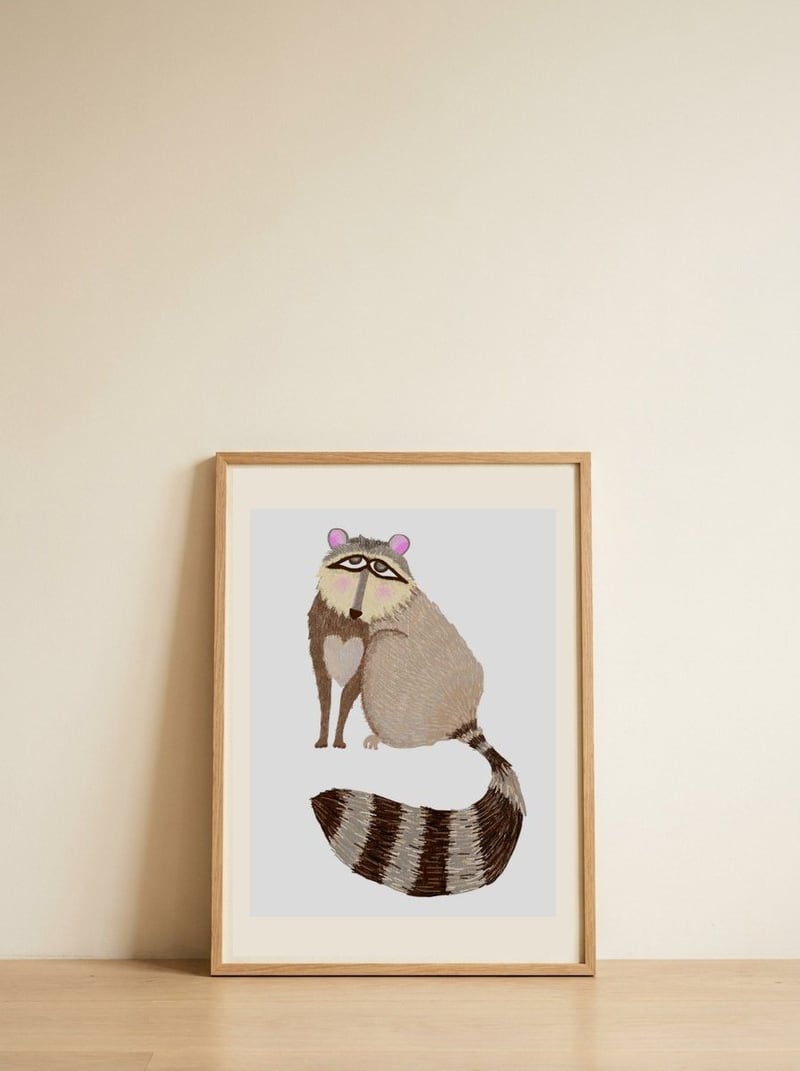 Sweet Curious Raccoon — framed, leaning against the wall