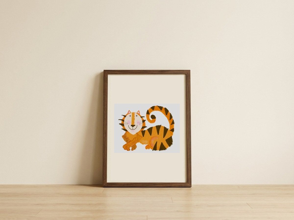 Friendly Cartoon Tiger — framed, leaning against the wall