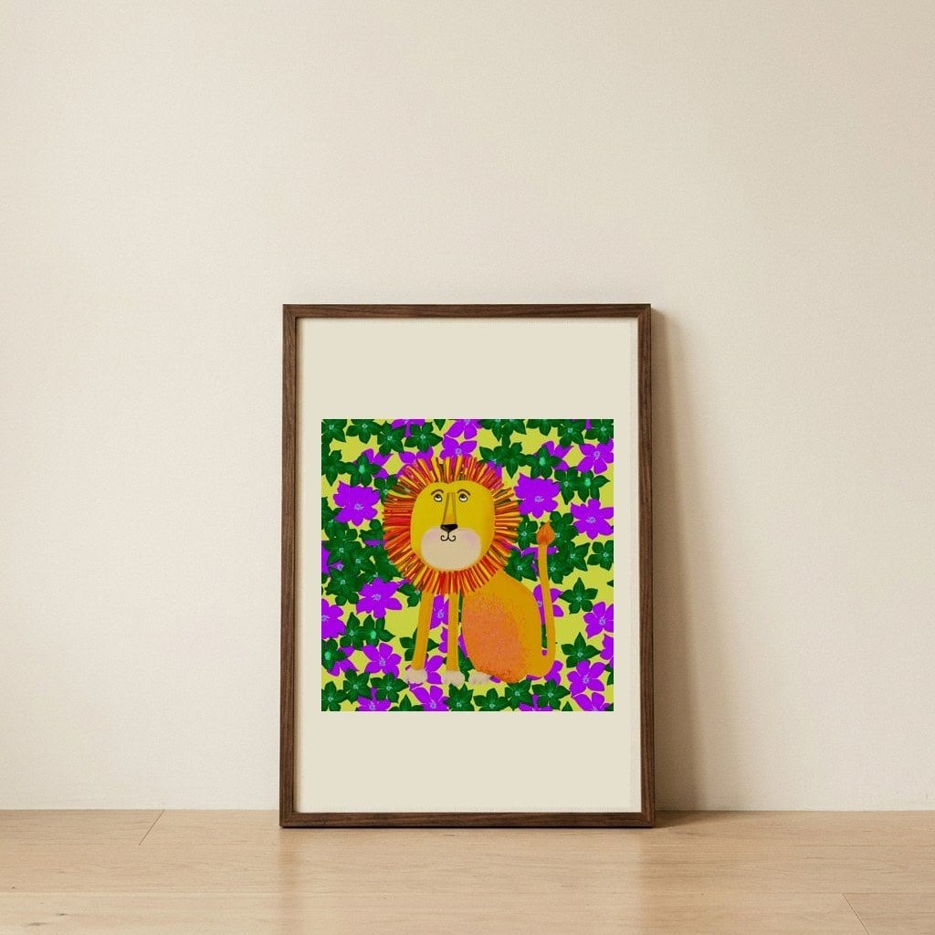 Cheerful Jungle Lion — framed, leaning against the wall