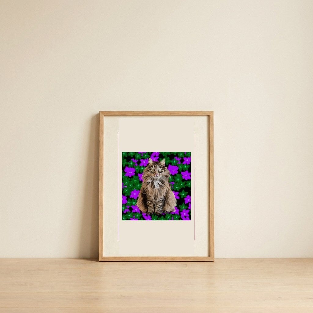 Fluffy Cat Purple Flowers — framed, leaning against the wall