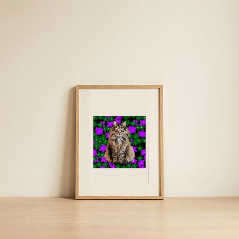 Fluffy Cat Purple Flowers — framed, leaning against the wall