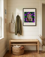 Fluffy Cat Purple Flowers framed in a relaxed room thumbnail