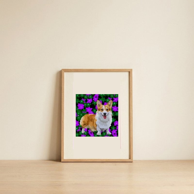 Happy Corgi with Flowers — framed, leaning against the wall
