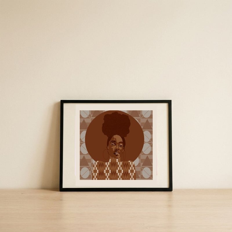 Confident Afro Woman — framed, leaning against the wall