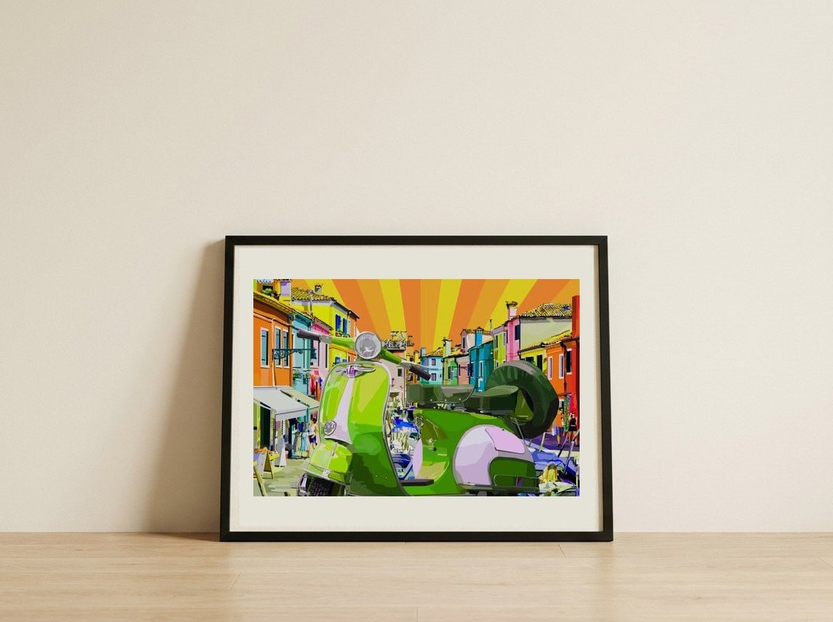 Green Scooter Colorful Street — framed, leaning against the wall