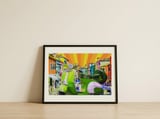 Green Scooter Colorful Street — framed, leaning against the wall thumbnail