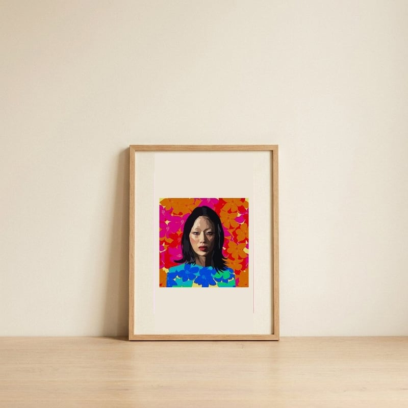 Vibrant Floral Portrait — framed, leaning against the wall