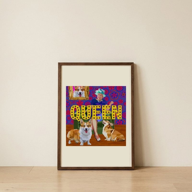 Pop Art Queen Corgis — framed, leaning against the wall