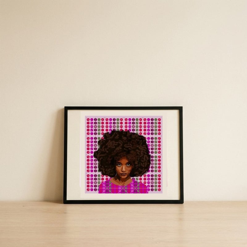 Vibrant Afro Pattern Portrait — framed, leaning against the wall