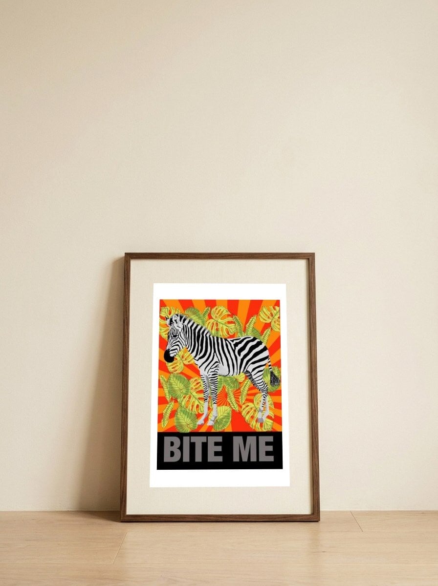 Zebra Says Bite Me — framed, leaning against the wall