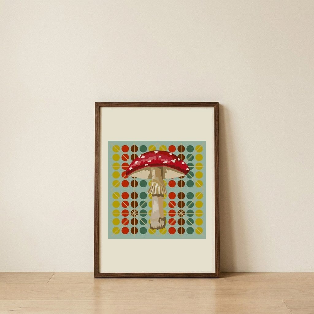 Groovy Red Mushroom — framed, leaning against the wall