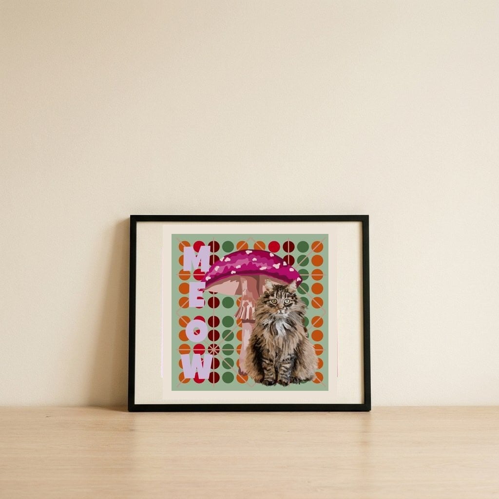 Meow Cat Mushroom — framed, leaning against the wall