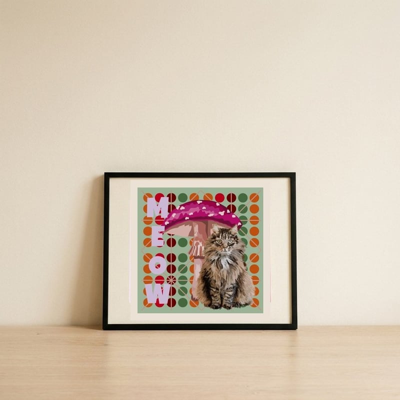 Meow Cat Mushroom — framed, leaning against the wall