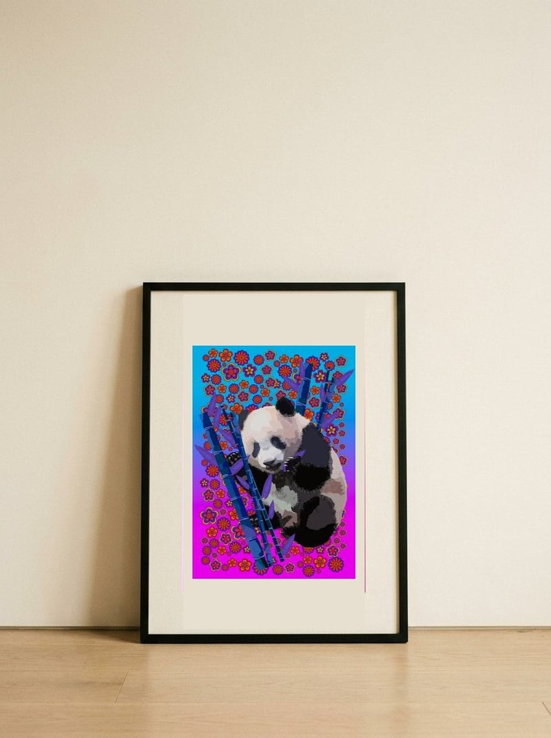 Pandas and Bloom — framed, leaning against the wall