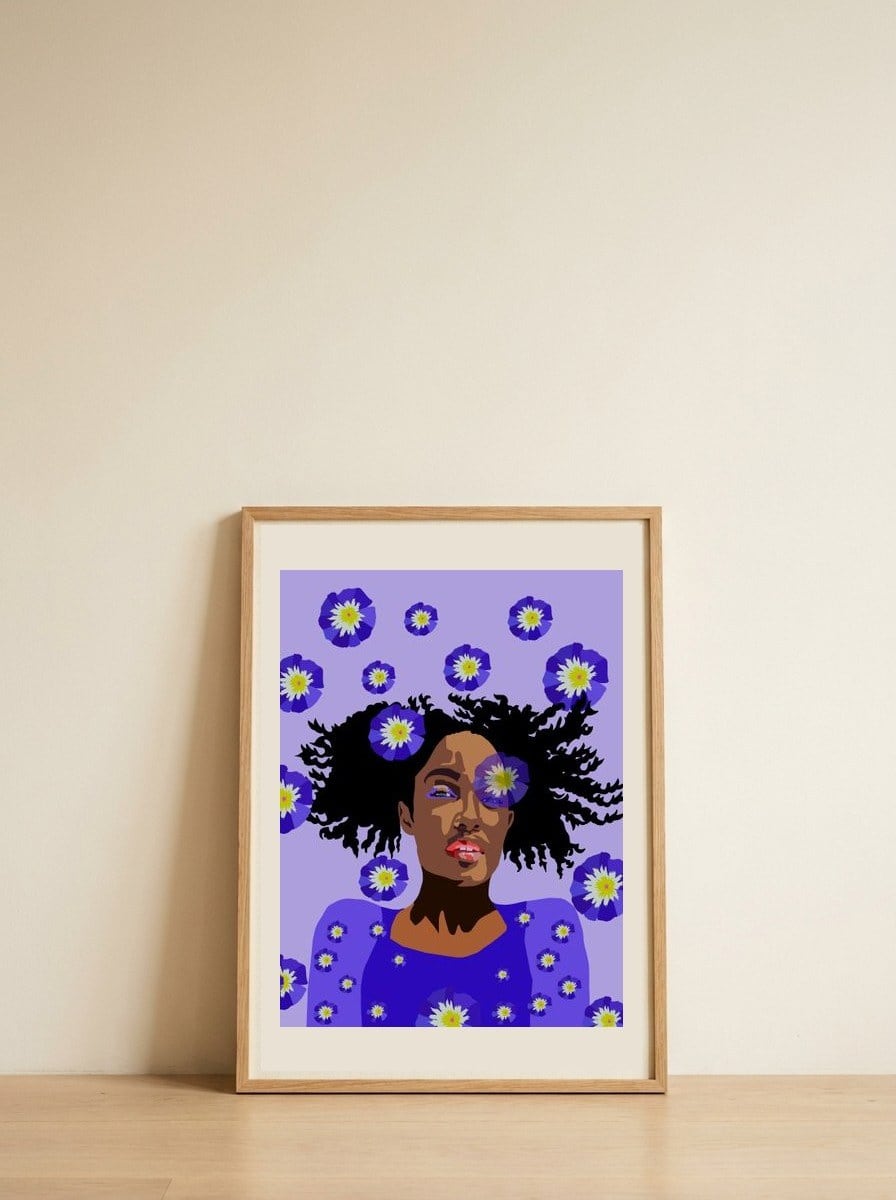 Purple Floral Gaze — framed, leaning against the wall