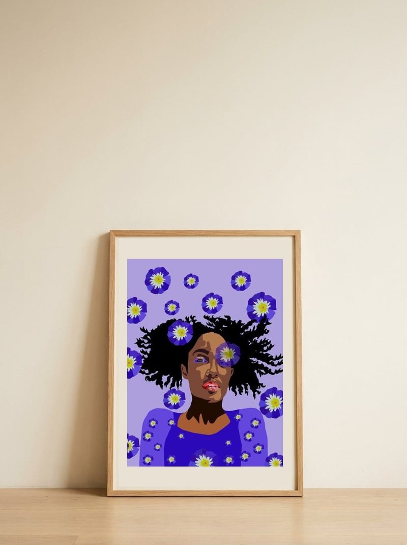 Purple Floral Gaze — framed, leaning against the wall
