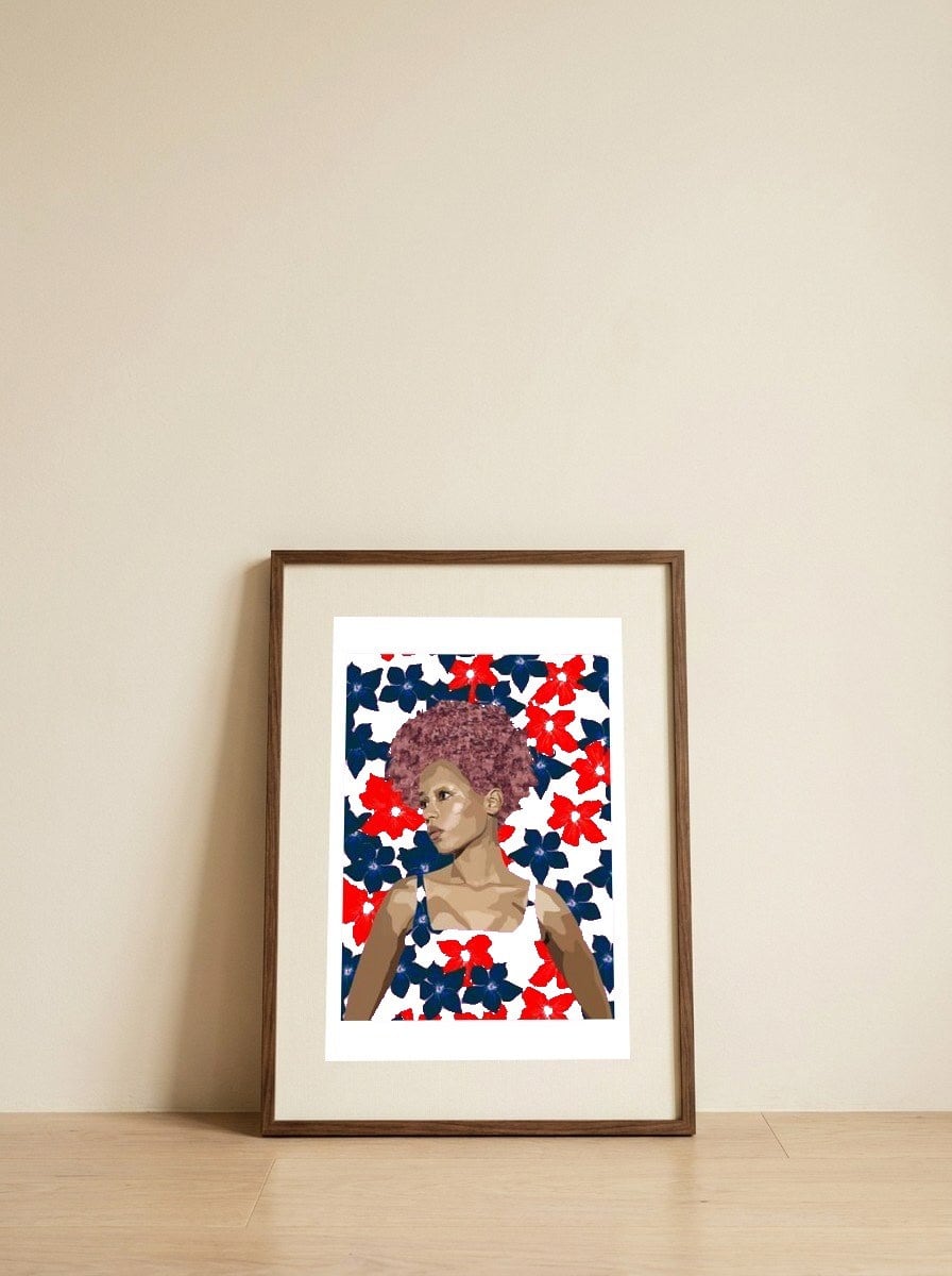 Fashion Bloom Portrait — framed, leaning against the wall