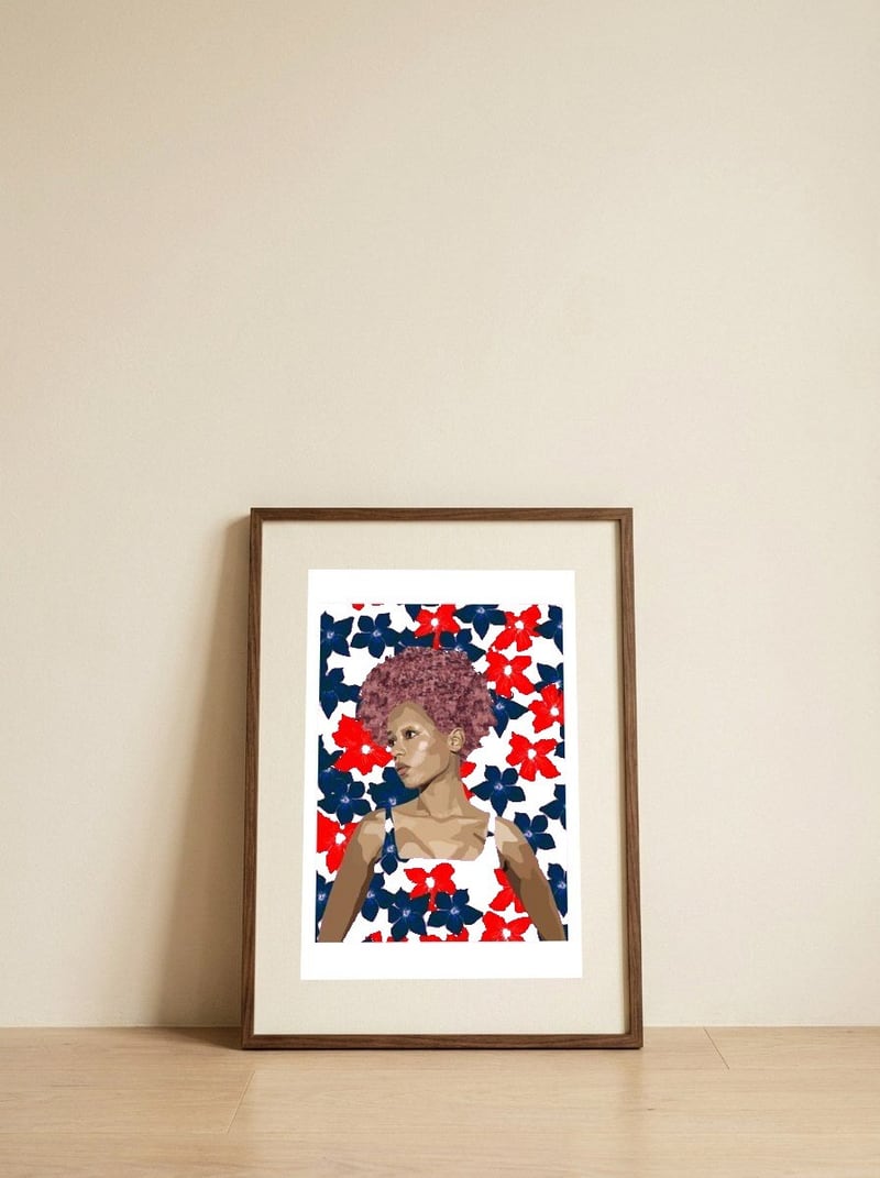 Fashion Bloom Portrait — framed, leaning against the wall