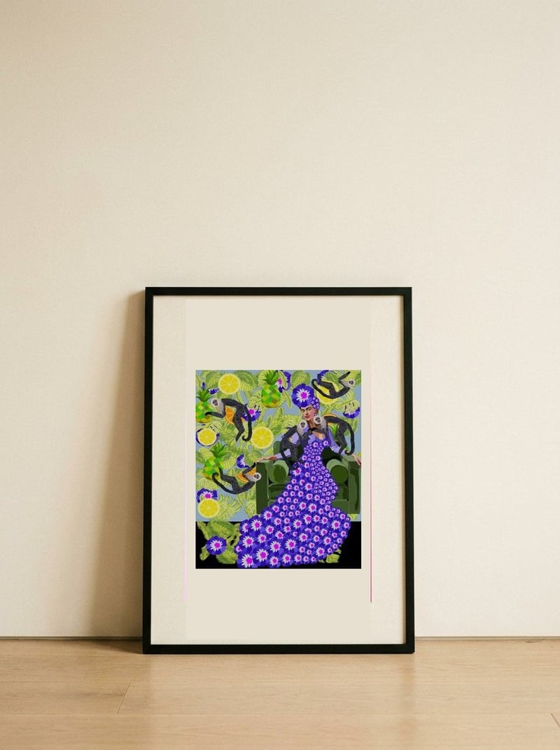 Tropical Woman with Monkeys — framed, leaning against the wall