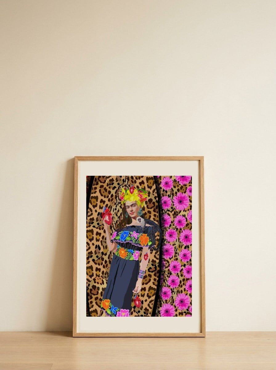 Vibrant Woman Monkey Hearts — framed, leaning against the wall