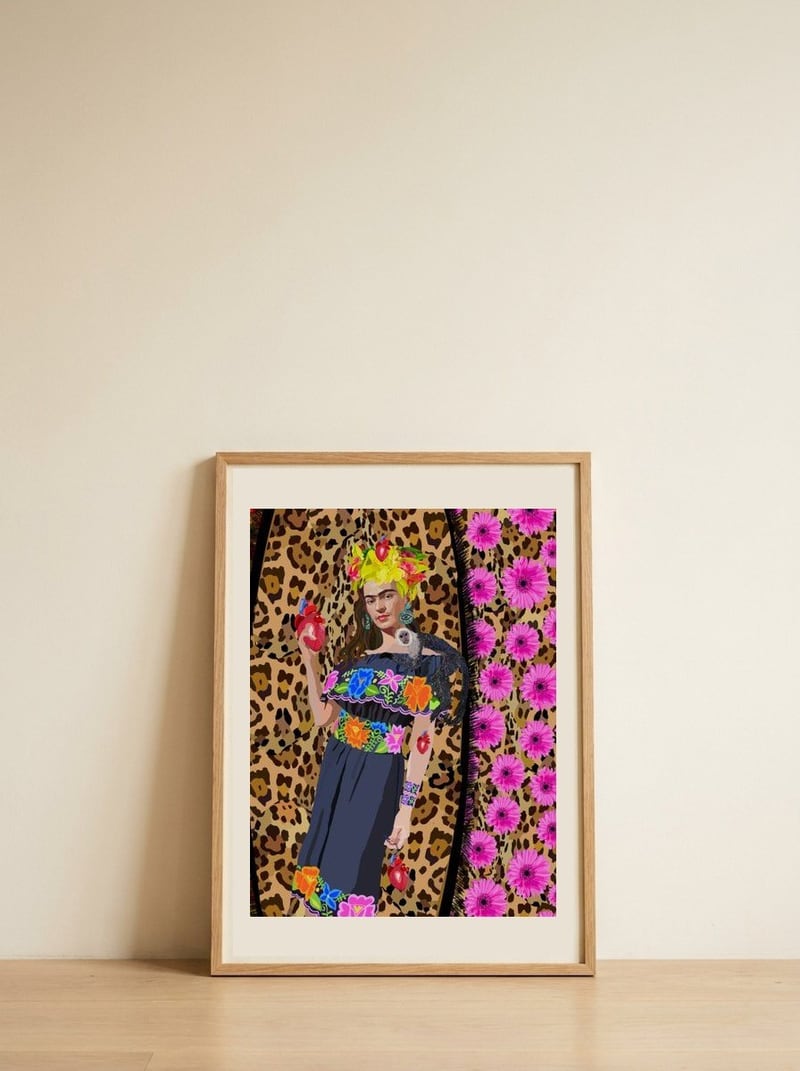 Vibrant Woman Monkey Hearts — framed, leaning against the wall