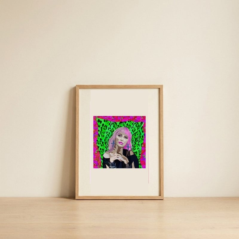 Neon Leopard Pink Hair — framed, leaning against the wall