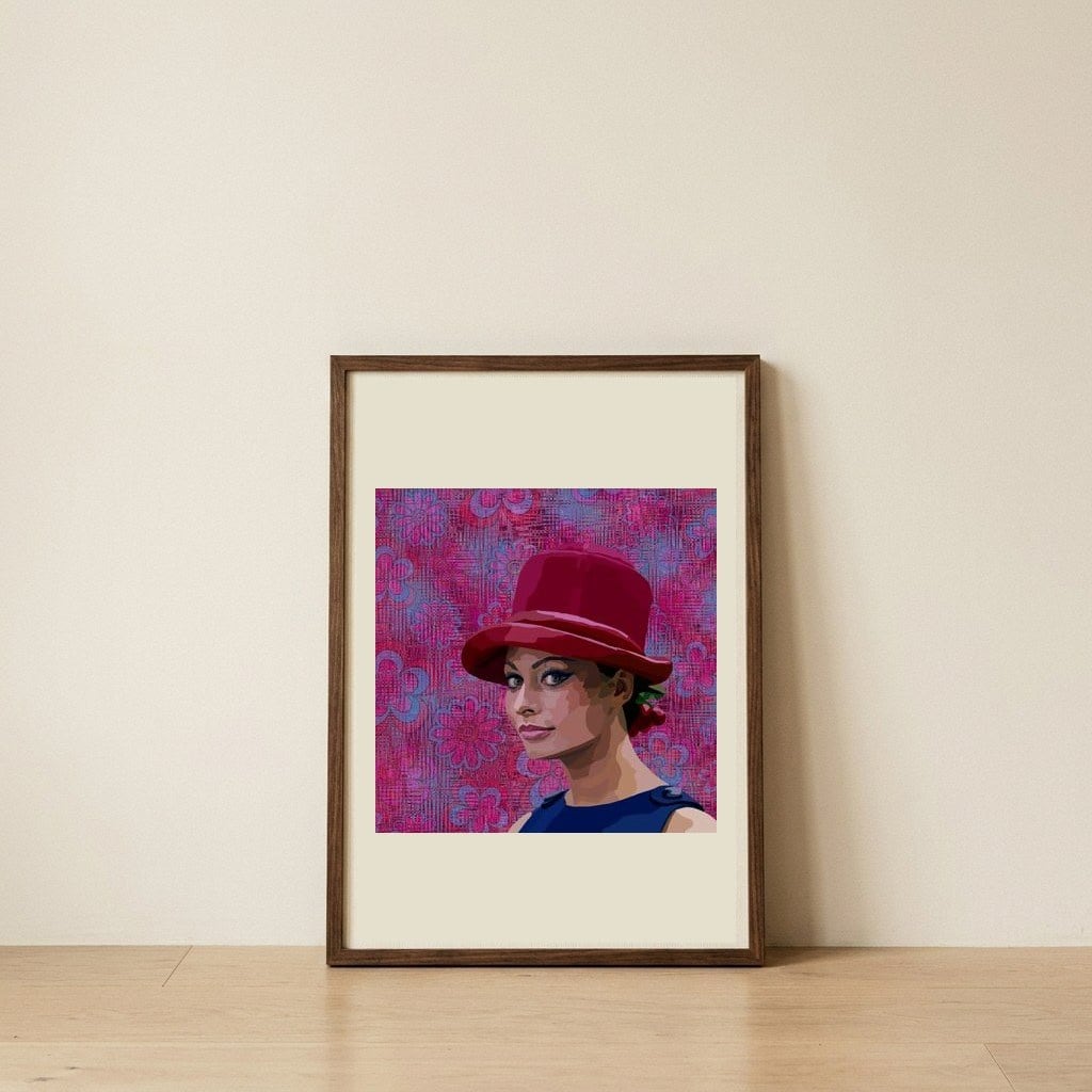 Retro Woman Red Hat — framed, leaning against the wall