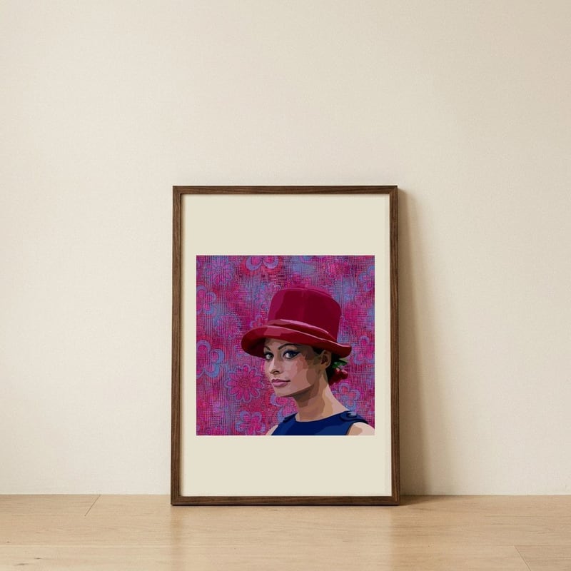 Retro Woman Red Hat — framed, leaning against the wall