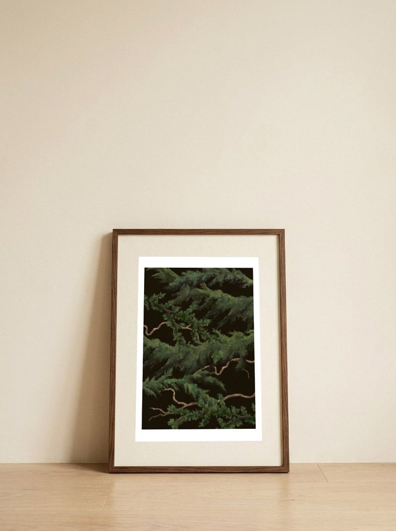 Evergreen Night Branches — framed, leaning against the wall