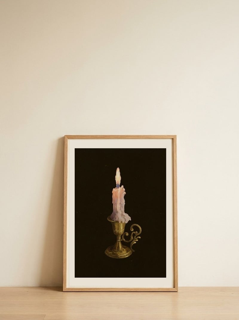 Elegant Brass Candle — framed, leaning against the wall
