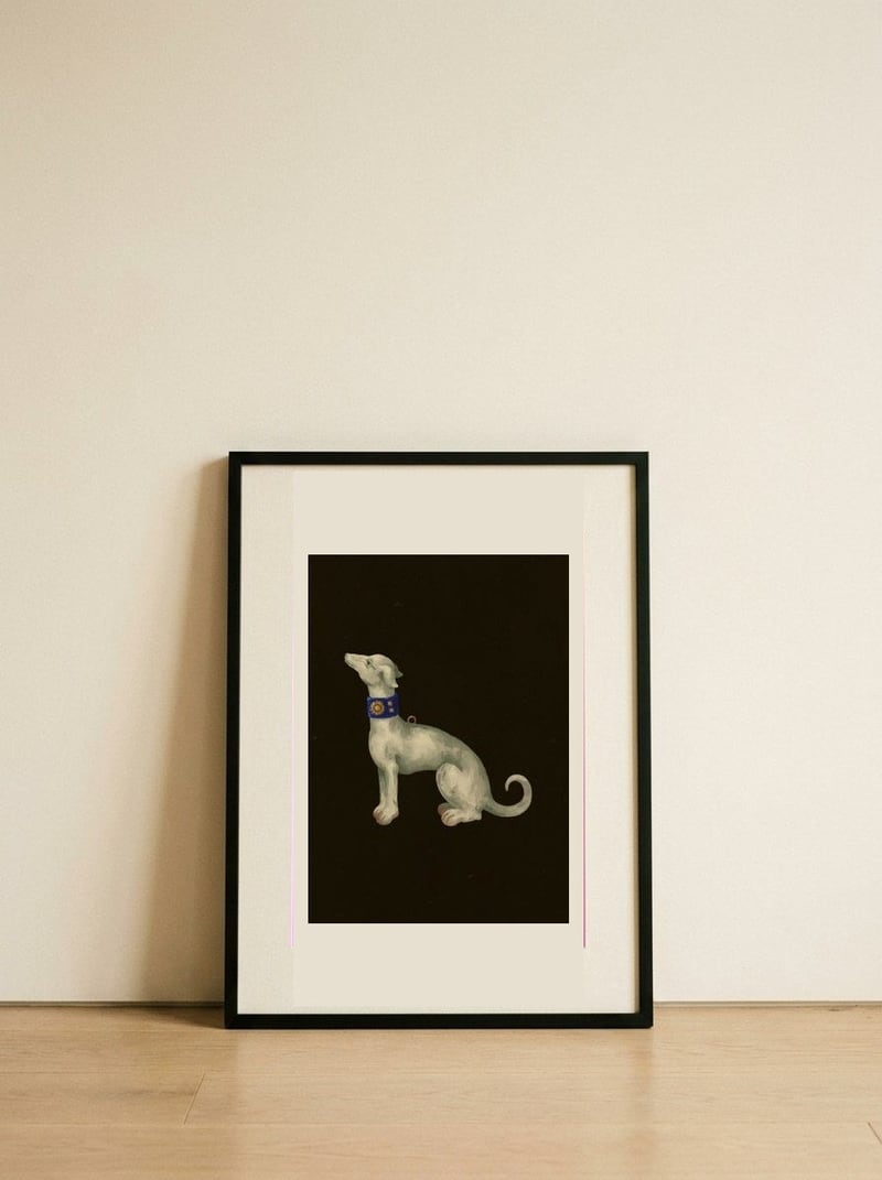 Elegant White Greyhound — framed, leaning against the wall