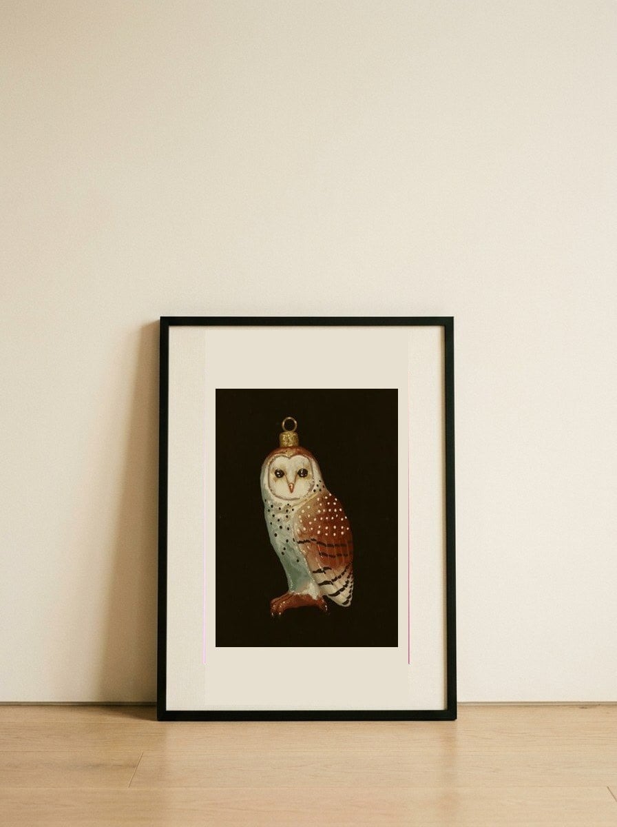 Barn Owl Ornament — framed, leaning against the wall