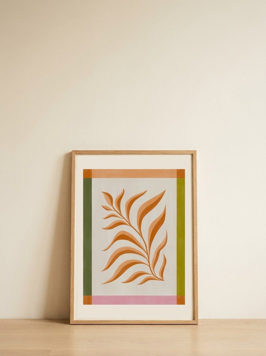 Warm Botanical Leaves — framed, leaning against the wall