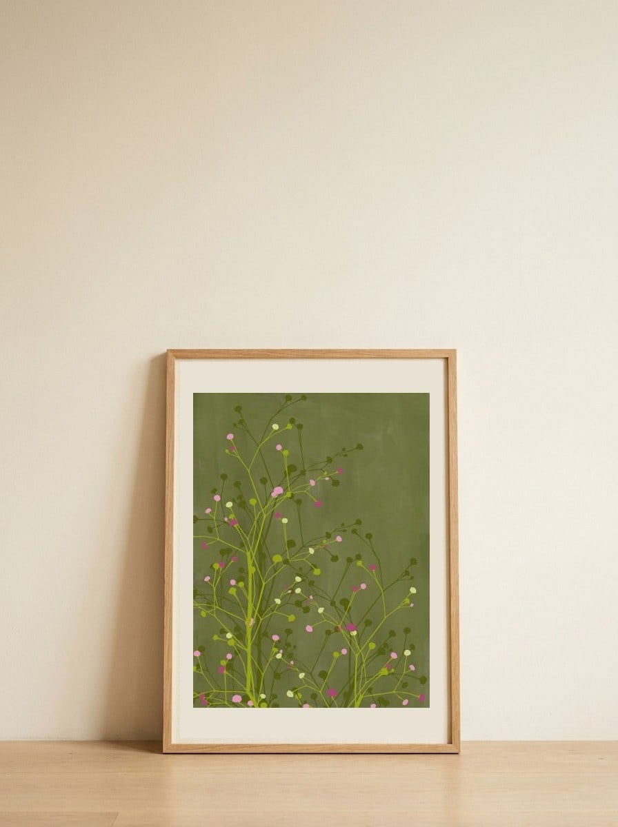 Olive Green Botanical Buds — framed, leaning against the wall