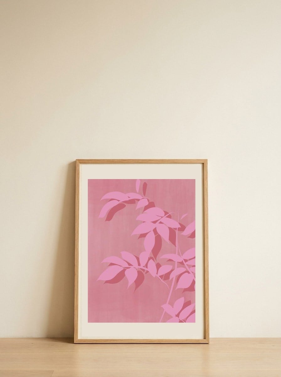 Pink Botanical Leaves — framed, leaning against the wall