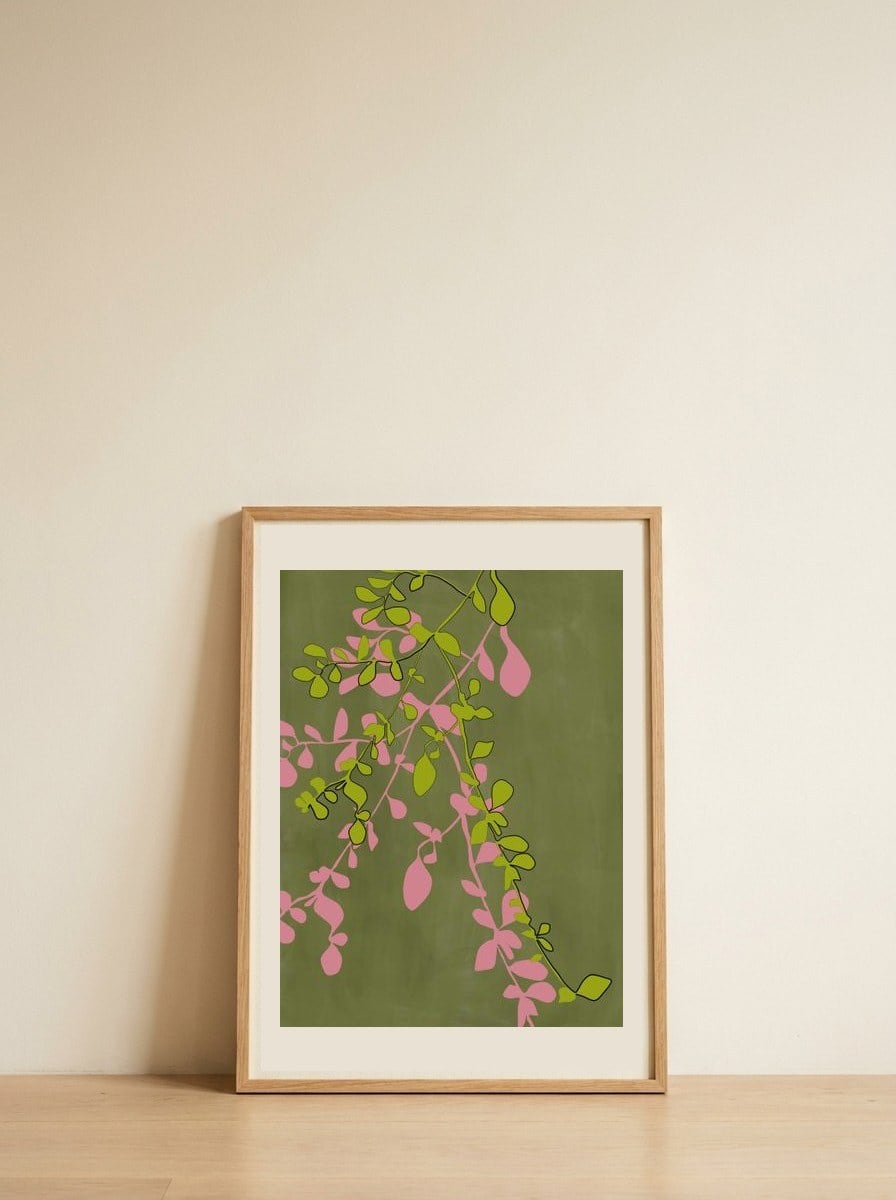 Pink Green Leaves — framed, leaning against the wall