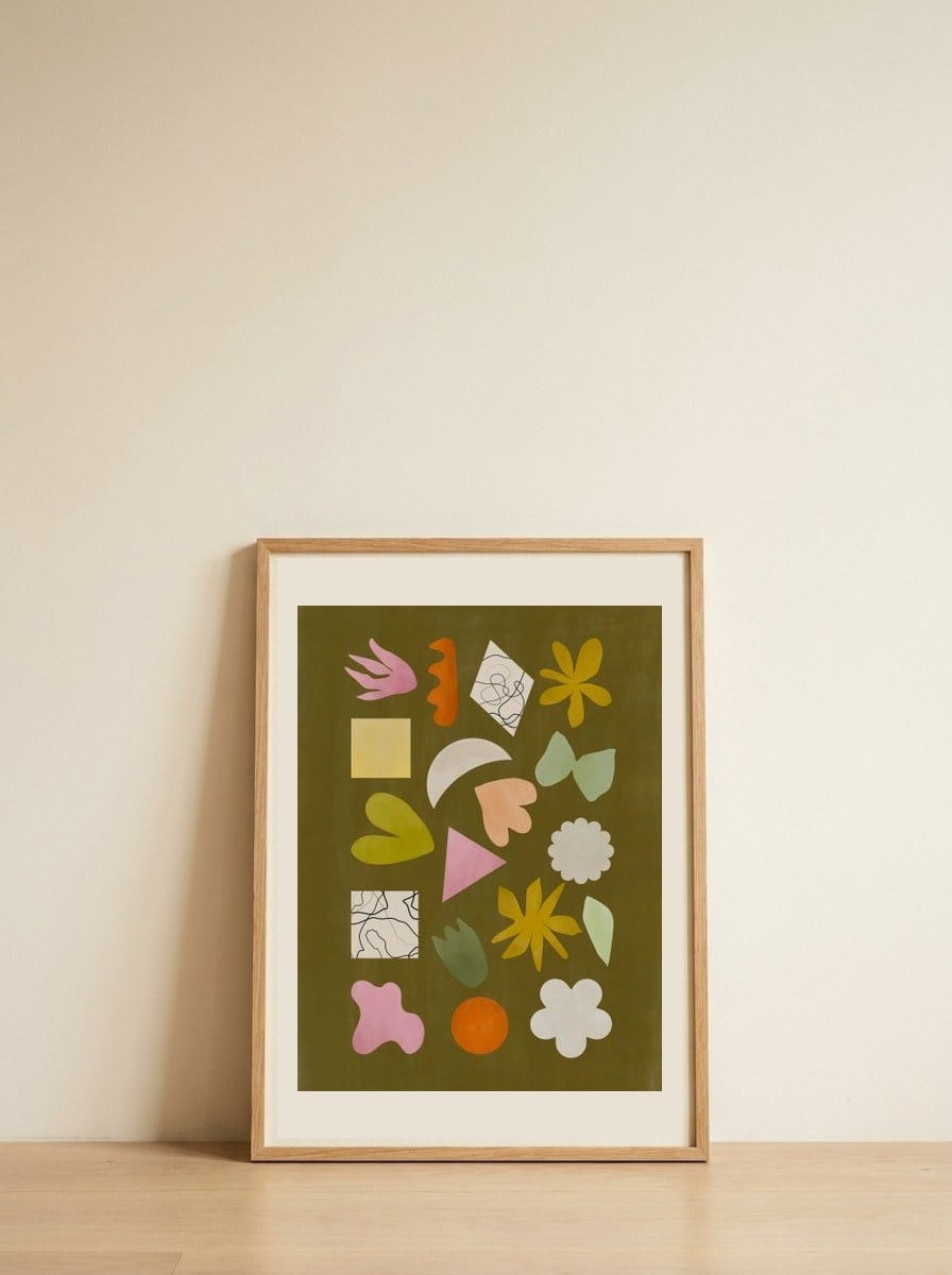 Playful Organic Shapes — framed, leaning against the wall