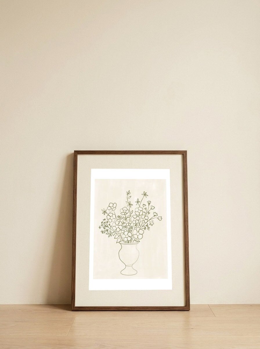 Elegant Floral Vase Drawing — framed, leaning against the wall