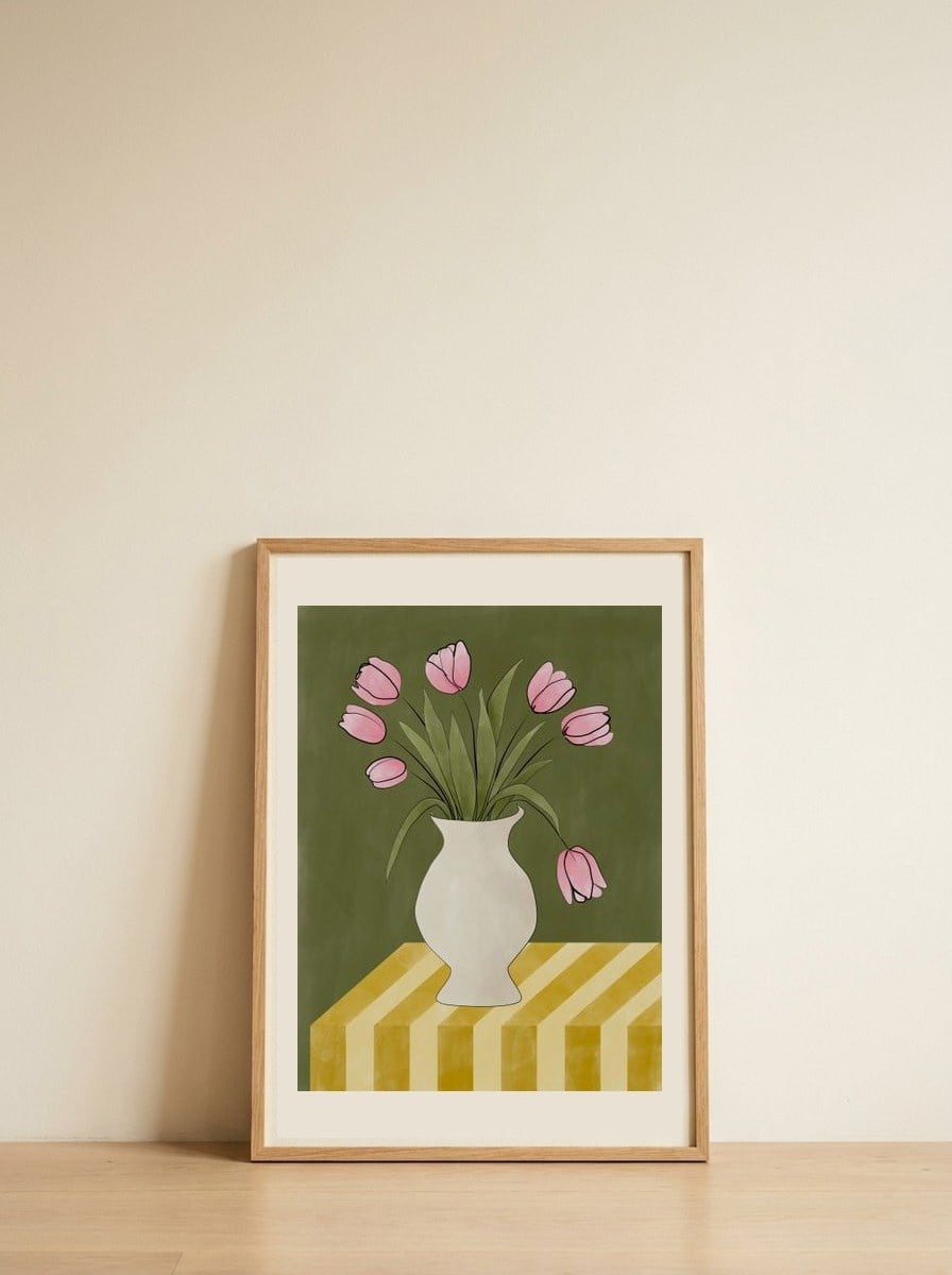 Pink Tulips Still Life — framed, leaning against the wall