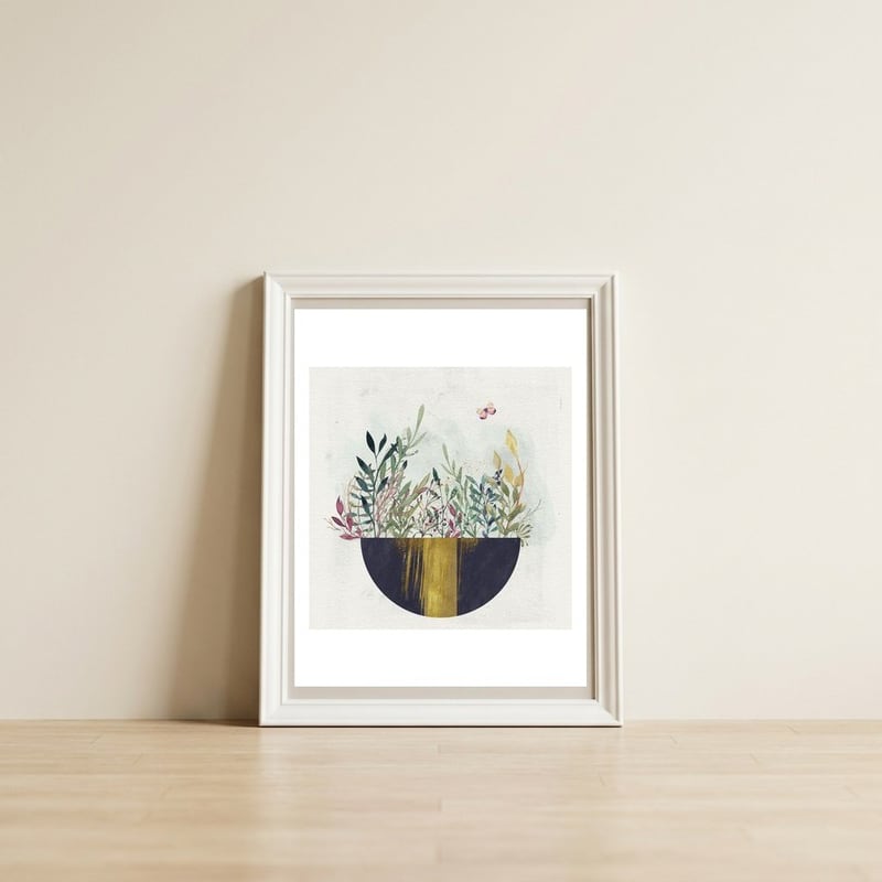 Flowers and leaves in a simple basket — framed, leaning against the wall