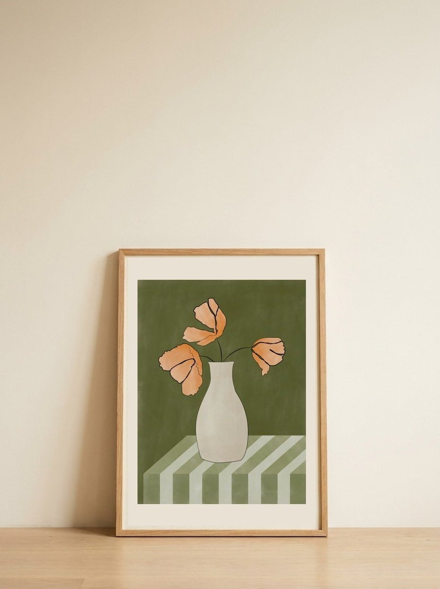 Orange Floral Still Life — framed, leaning against the wall