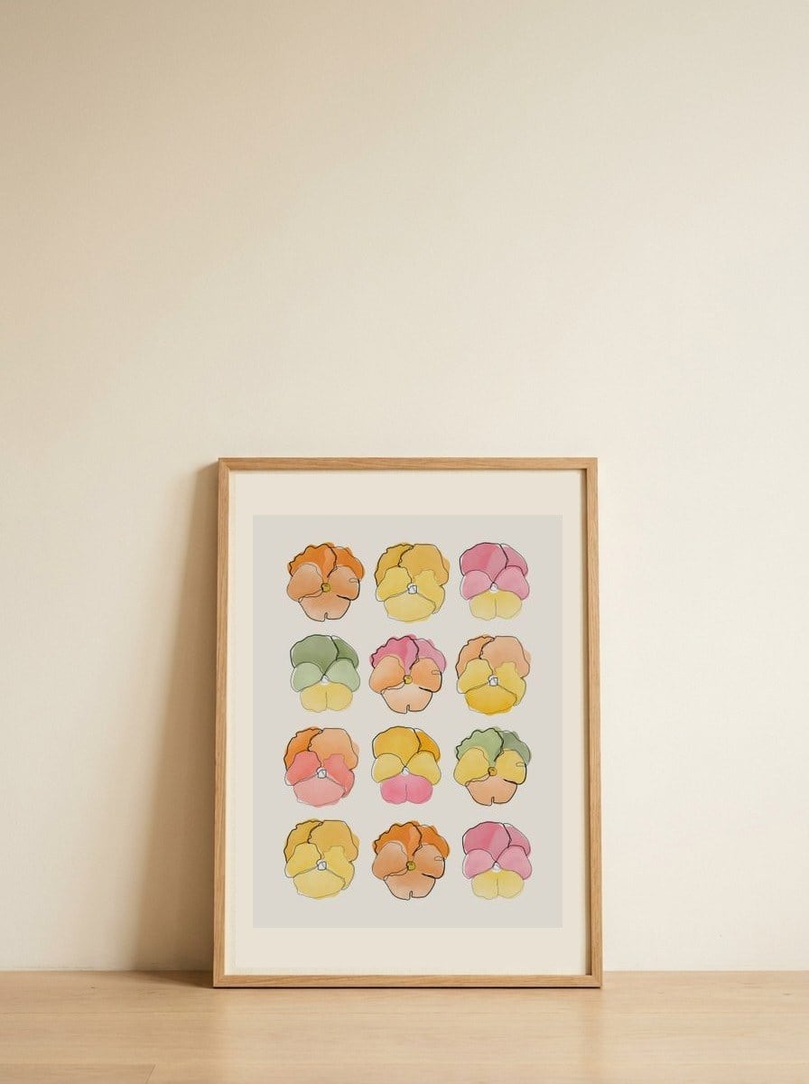 Pastel Pansy Blooms — framed, leaning against the wall