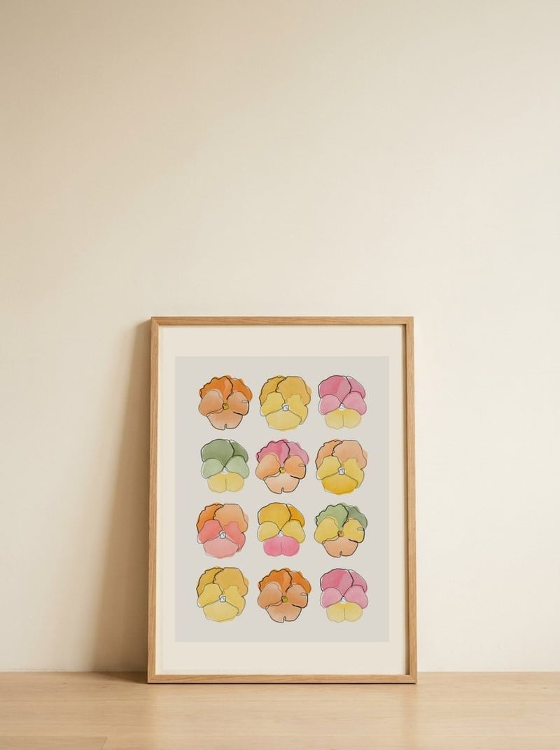 Pastel Pansy Blooms — framed, leaning against the wall