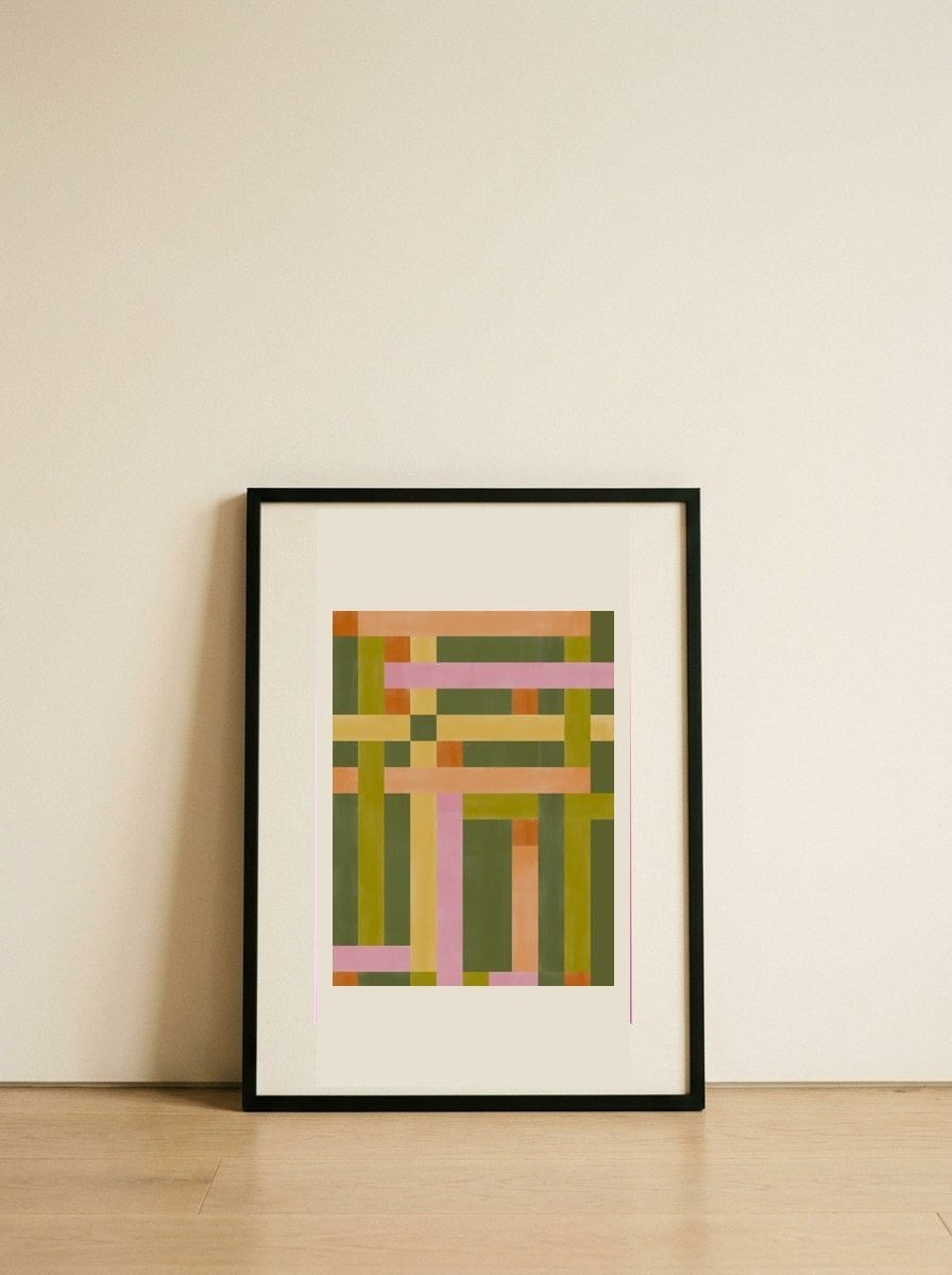 Colorful Geometric Weave — framed, leaning against the wall