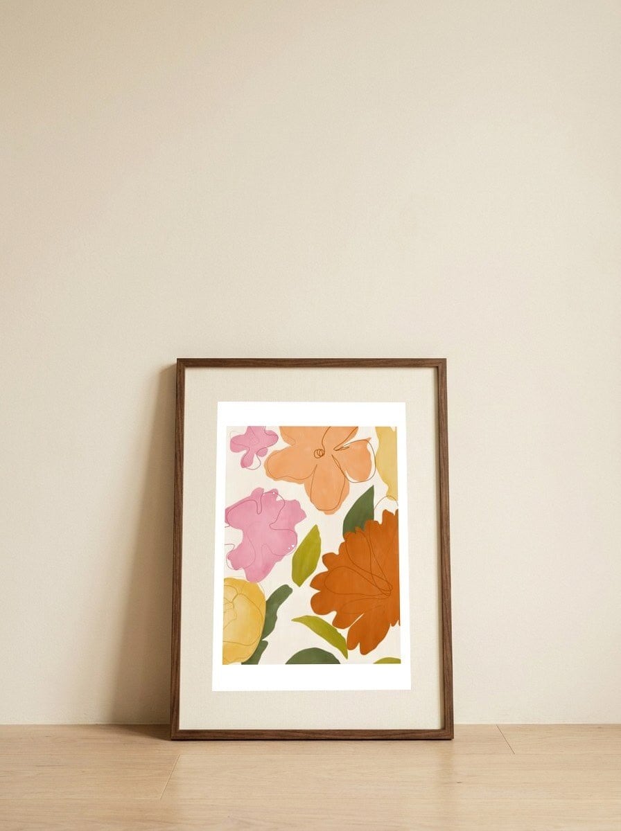 Colorful Abstract Flowers — framed, leaning against the wall