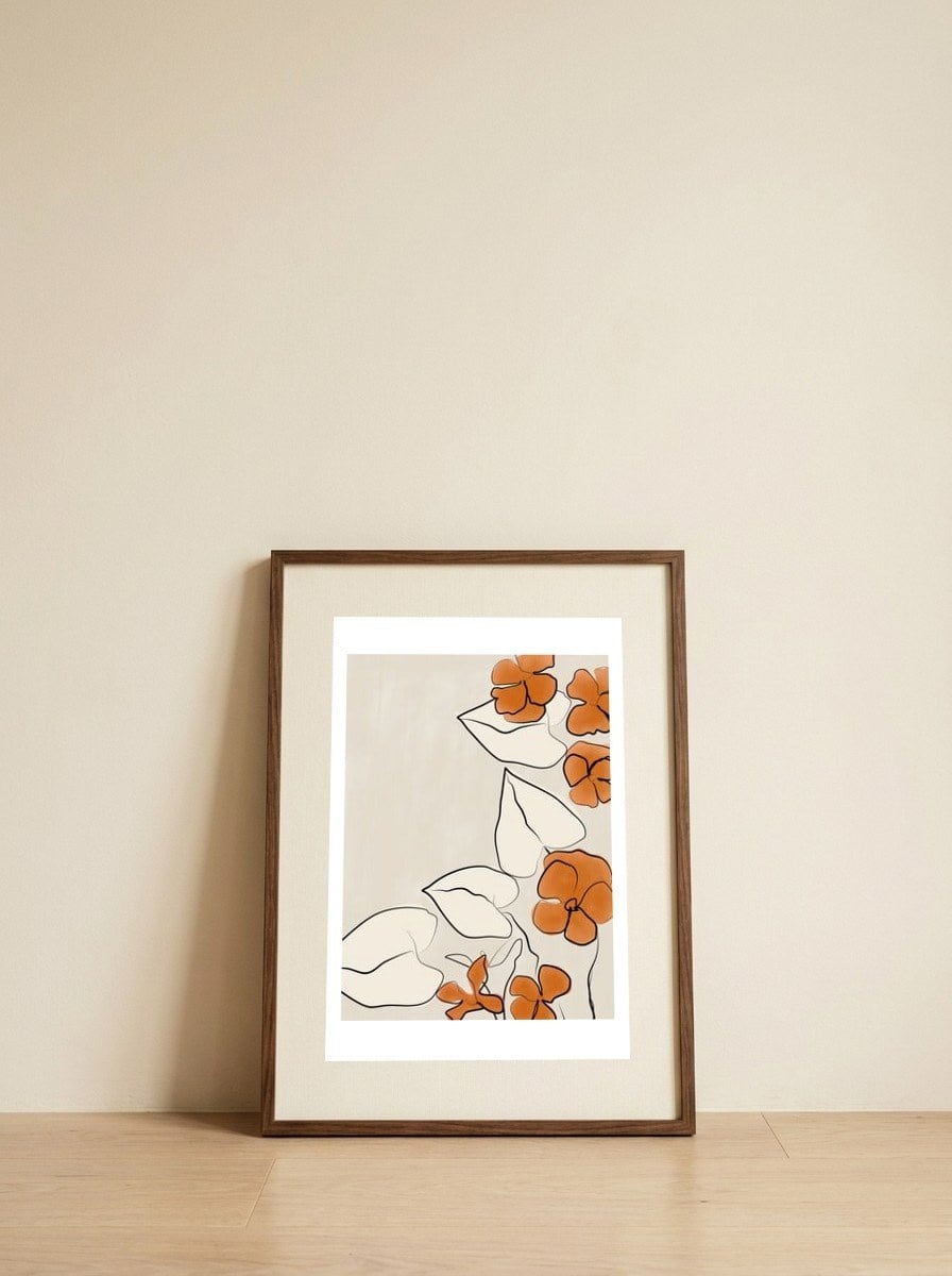 Minimalist Orange Blooms — framed, leaning against the wall