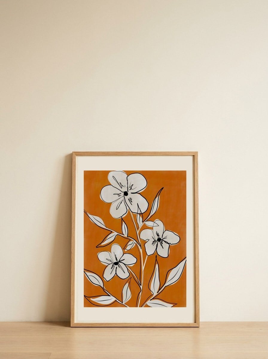 Abstract Orange Floral — framed, leaning against the wall