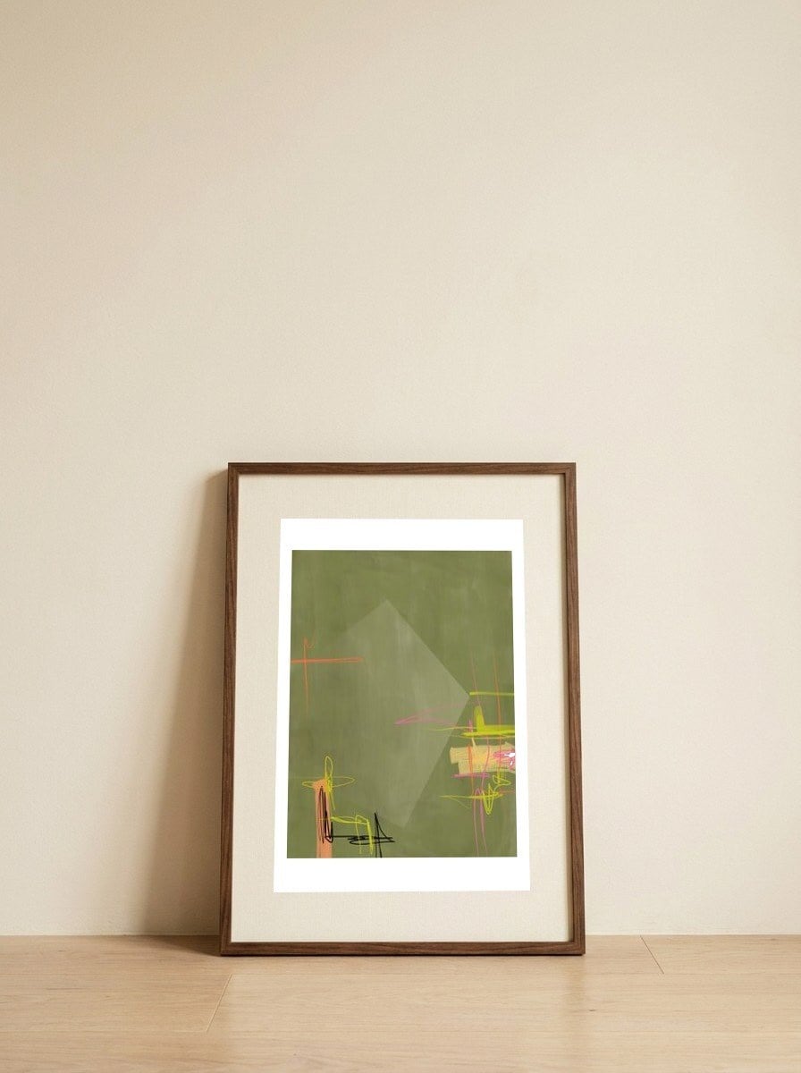 Dynamic Green Abstract — framed, leaning against the wall