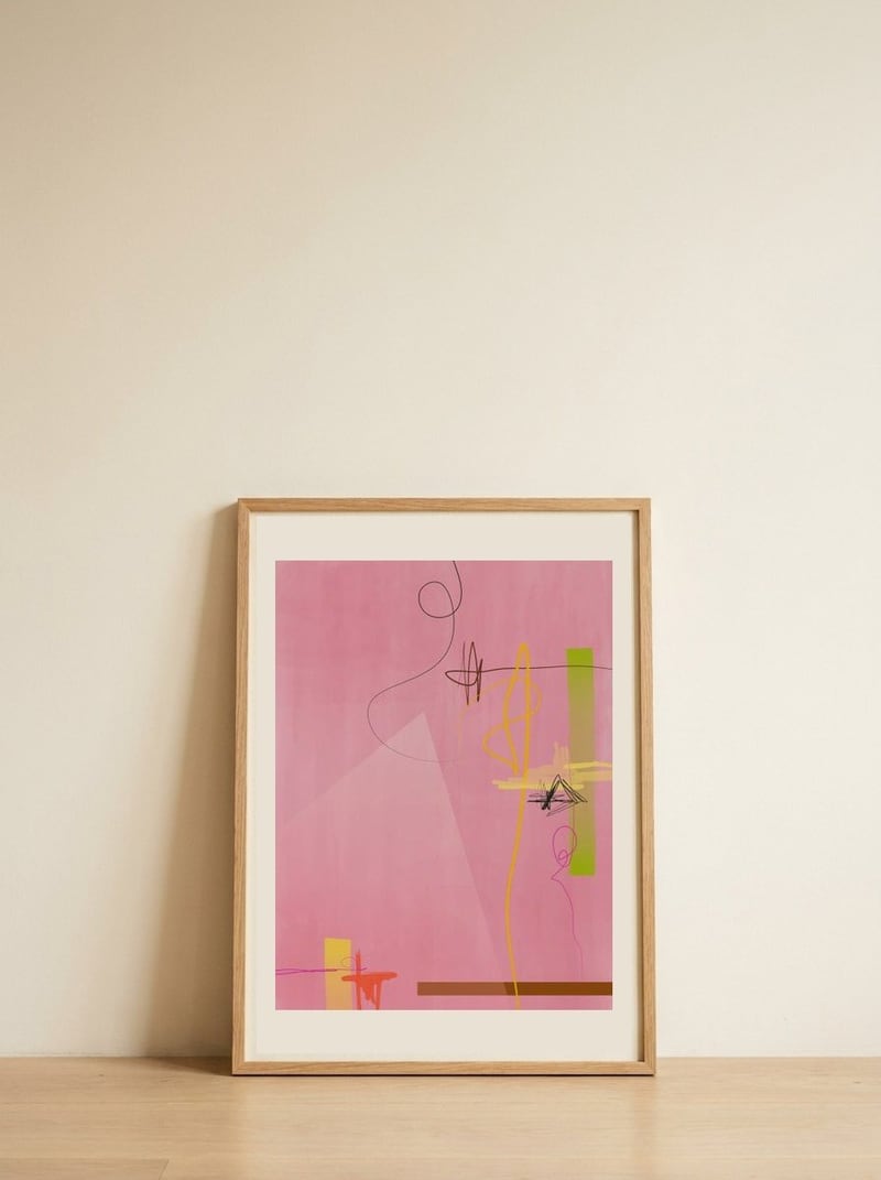 Pink Abstract Flow — framed, leaning against the wall