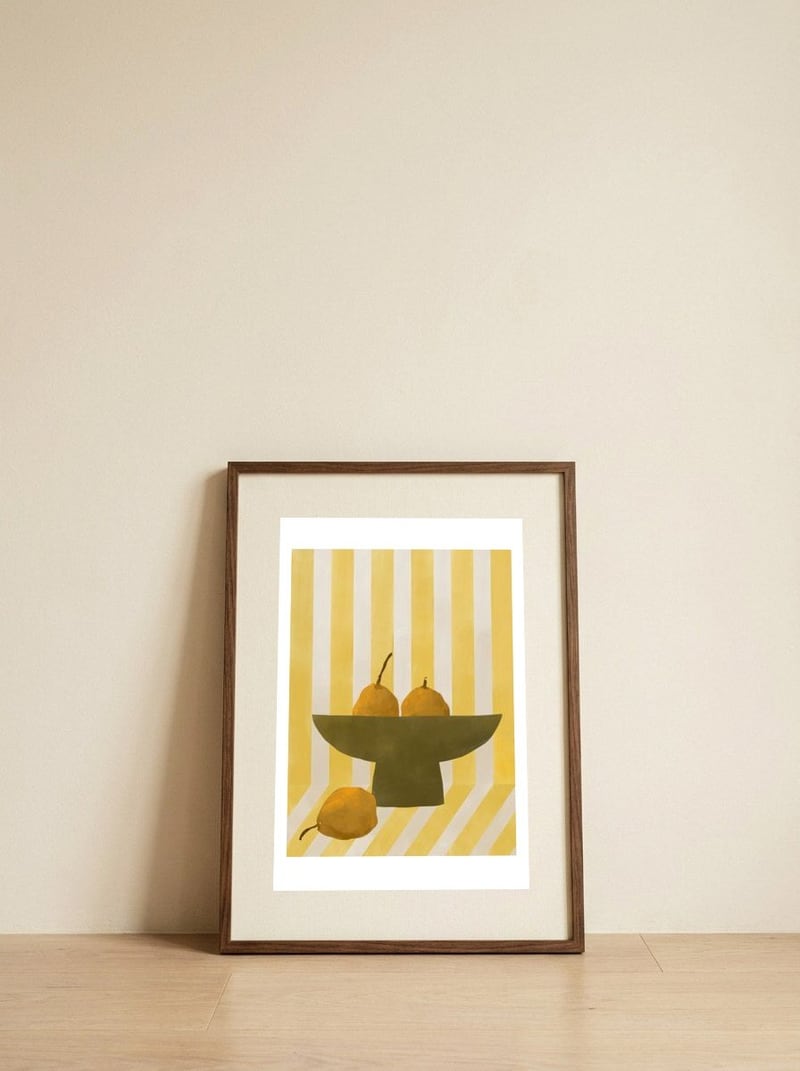Yellow Striped Pears — framed, leaning against the wall